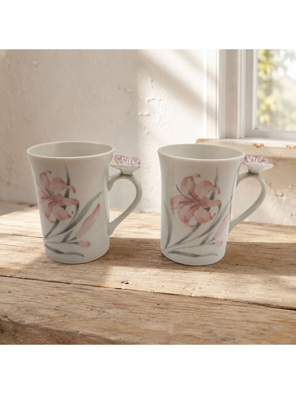 Eaton Collection Japan Porcelain Mugs Pair Pink Lily Butterfly Handle Vintage